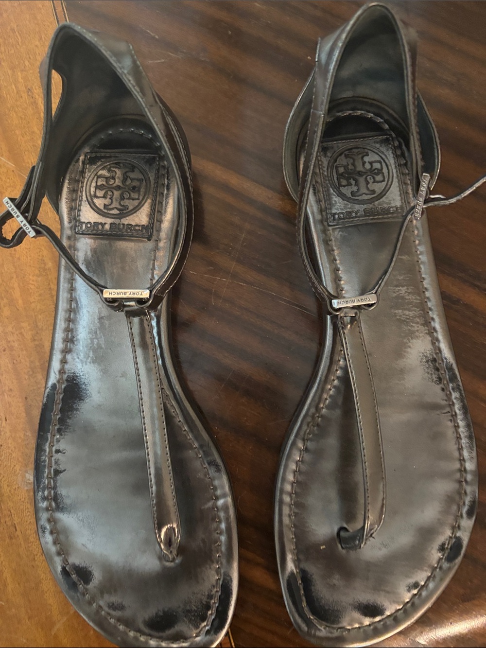 Tory Burch Metallic Brown Logo T-Strap Sandals